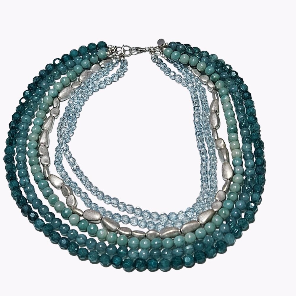 Retro Beaded Multi Strand Choker Necklace Teal Silver Beads Fashion Jewelry